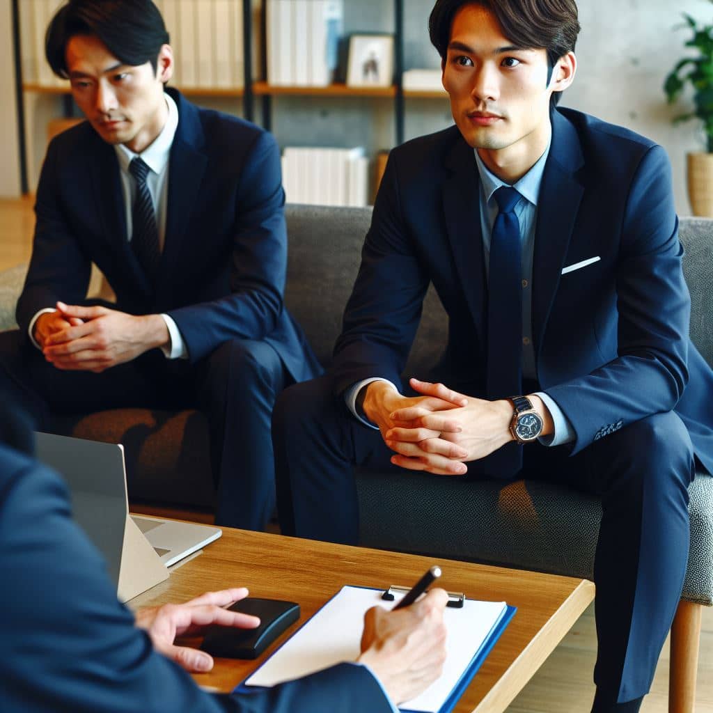 Job interview with a man wearing a navy suit