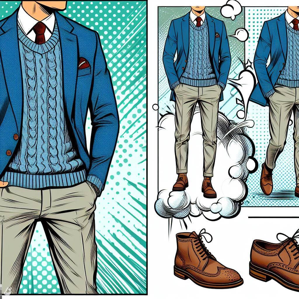 Comic character in blue blazer with a sweeter. Tan dress pants and brogue boots and shoes.