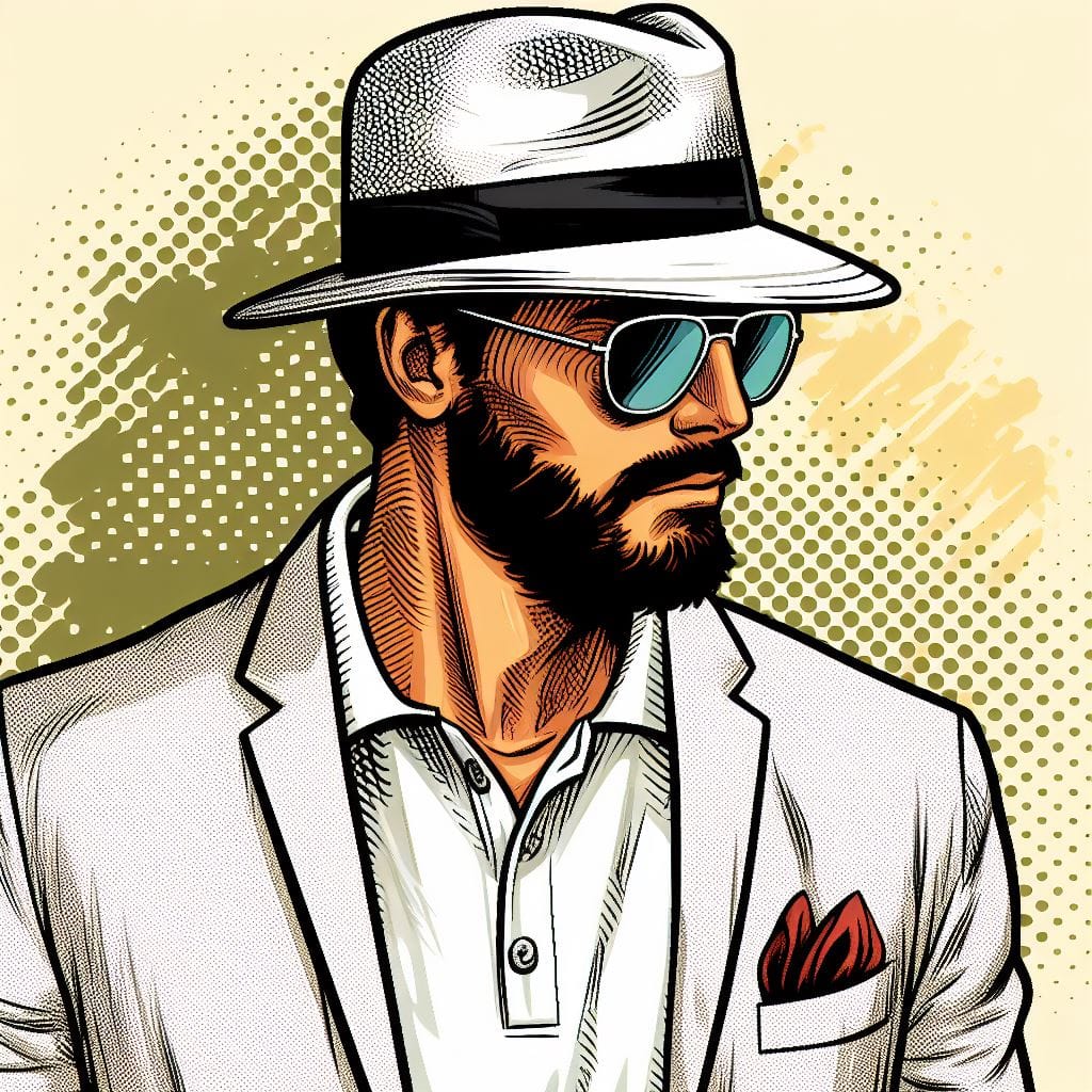 A comic picture with a man in a white linen blazer, a polo shirt, sunglasses, and a panama hat
