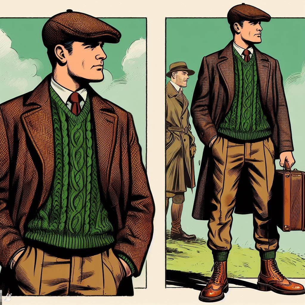 a comic picture of a man in a brown tweed sport coat, a green aran sweater, and brogue boots