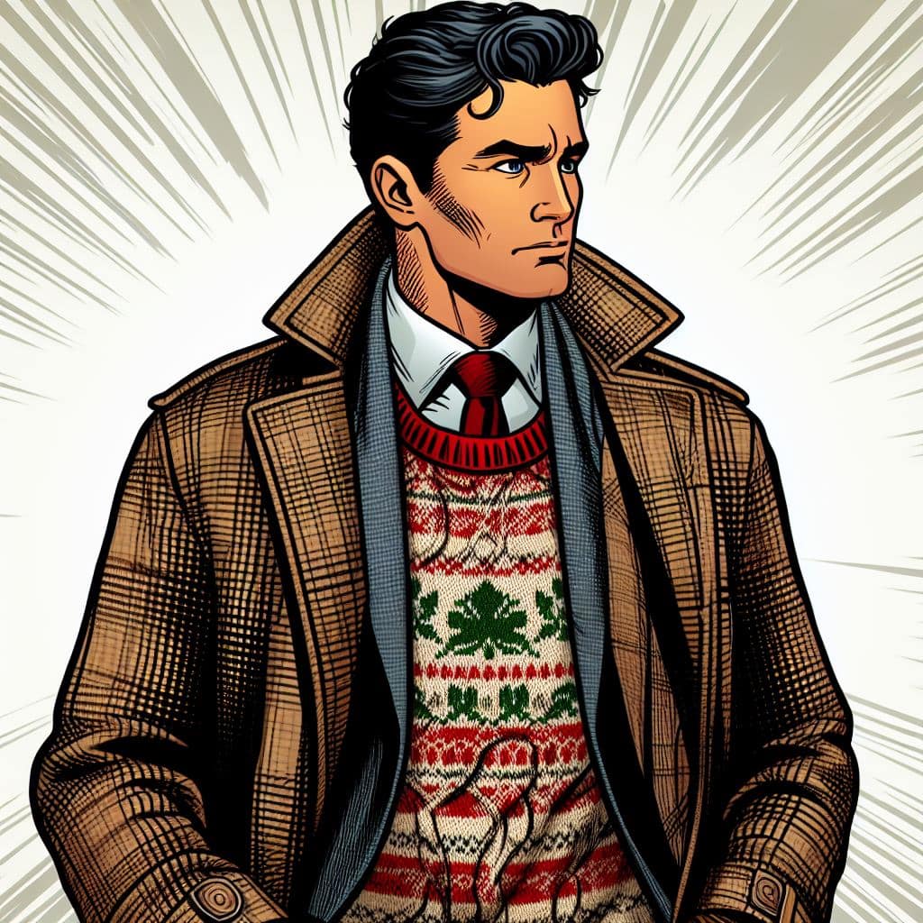 a comic version of a man in a flannel wool suit, overcoat with a sweater,
