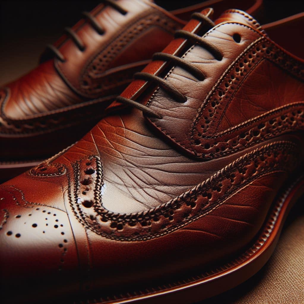 A brown derby shoe with wingtip brogueing.