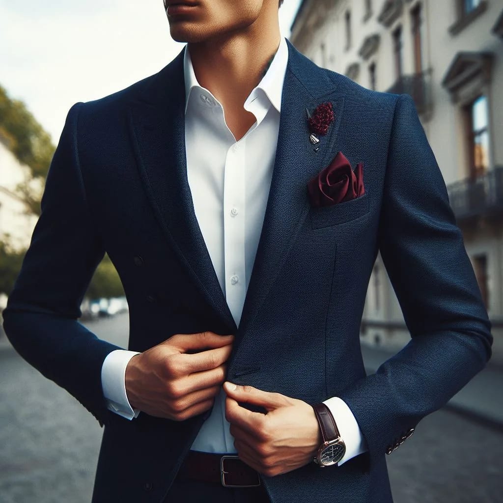 navy blazer with white shirt burgundy pocket square