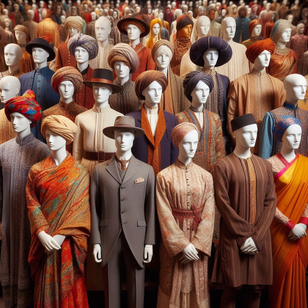 A series of mannequins wearing different cultural attire throughout history