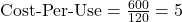  \text{Cost-Per-Use} = \frac{600}{120} = 5 